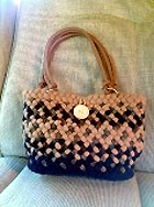 Handmade wool Blue, beige and plaid braid with leather handle and zipper pouch inside